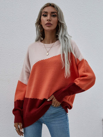 Shophouse Northwest colorblock women's long sleeve sweater oversized pullover in blush orange burgundy