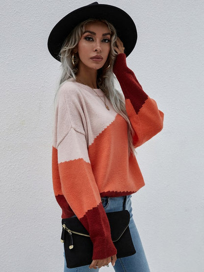 Shophouse Northwest women's long sleeve sweater colorblock cream orange burgundy relaxed fit