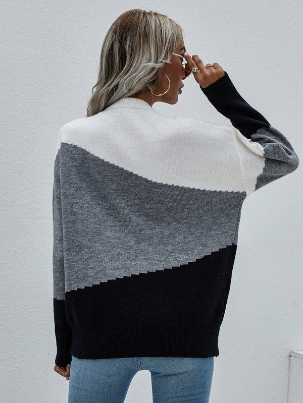 Shophouse Northwest colorblock gray white black women's long sleeve sweater back view relaxed fit