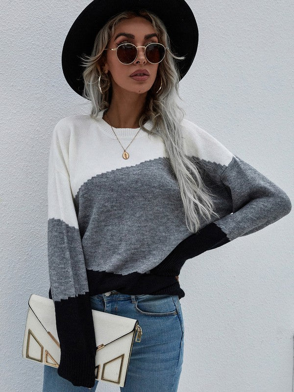 Shophouse Northwest women's long sleeve sweater colorblock gray white black worn with hat and jeans