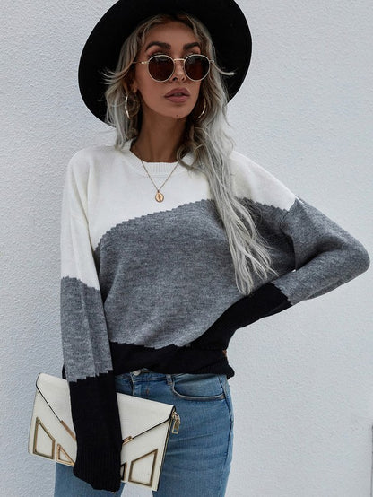 Shophouse Northwest women's long sleeve sweater colorblock gray white black worn with hat and jeans