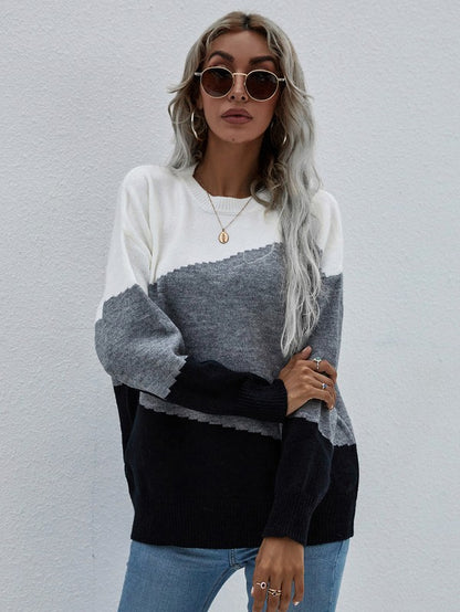Shophouse Northwest women's long sleeve sweater colorblock white gray and black crewneck styled with jeans and sunglasses