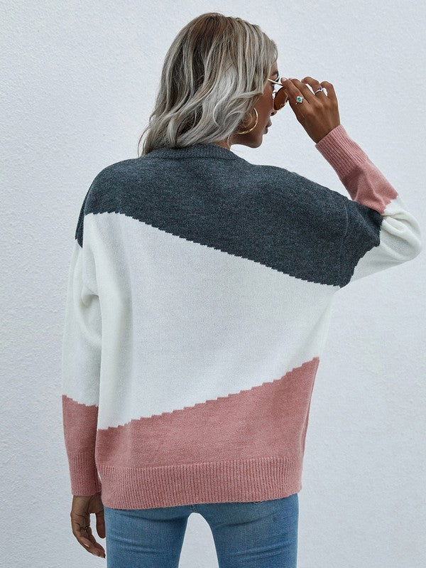 Shophouse Northwest women's long sleeve sweater colorblock grey white and pink back view relaxed fit