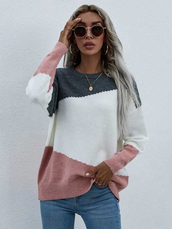Shophouse Northwest women's long sleeve sweater colorblock gray white and dusty pink crewneck styled with jeans