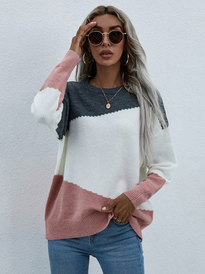 Shophouse Northwest women's long sleeve sweater colorblock gray white and dusty pink crewneck styled with jeans