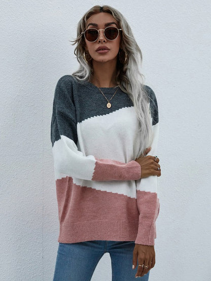 Shophouse Northwest colorblock women's long sleeve sweater in charcoal gray white and dusty rose