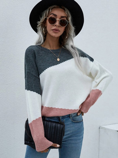 Shophouse Northwest women's long sleeve sweater colorblock charcoal white blush cropped relaxed fit