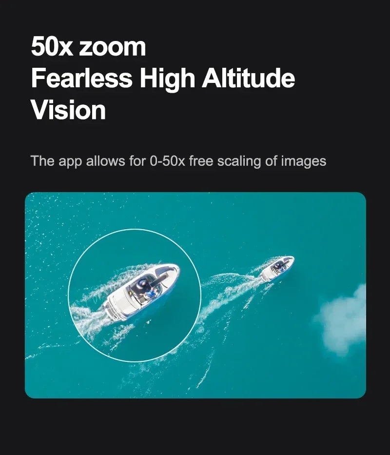 Shophouse Northwest M4 8K professional camera drone aerial view showing 50x zoom on boat in turquoise ocean