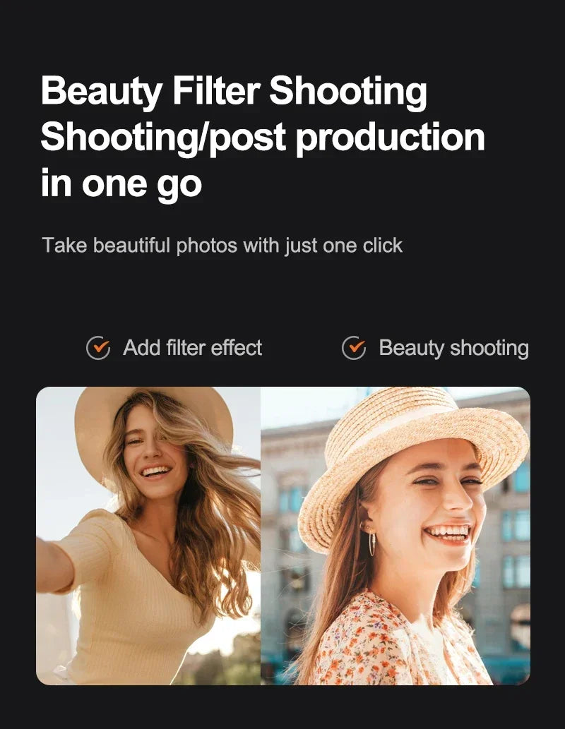 Shophouse Northwest M4 8K professional camera drone ad showing beauty filter before and after portraits of two women