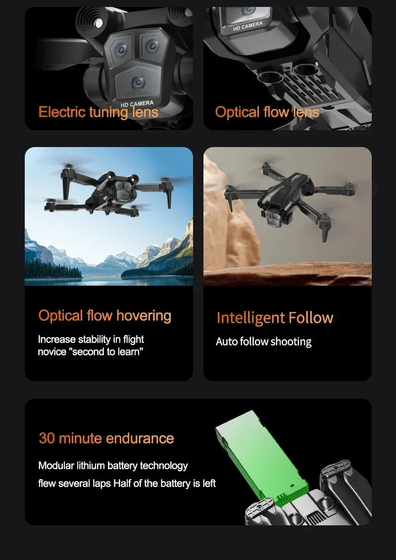M4 8K professional camera drone collage showing camera lens closeups hovering intelligent follow and 30 minute battery life