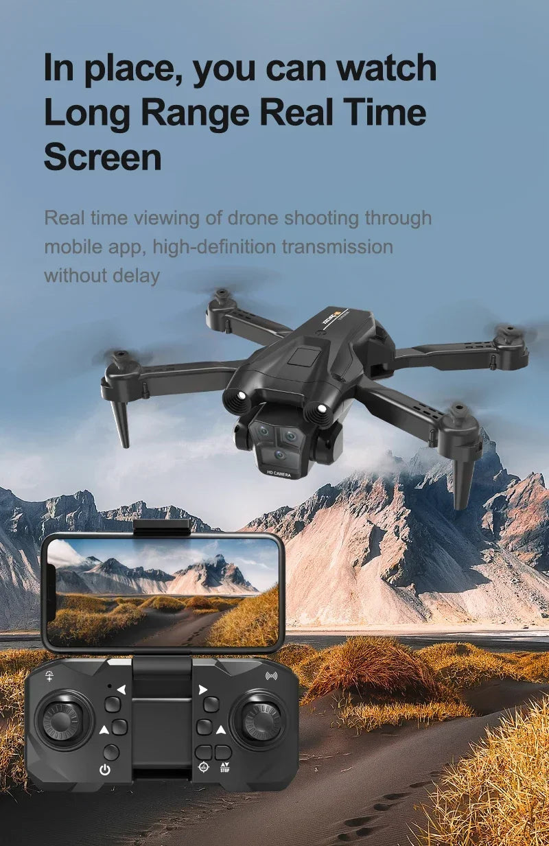 Shophouse Northwest M4 8K professional camera drone hovering over mountain road with controller and smartphone live view