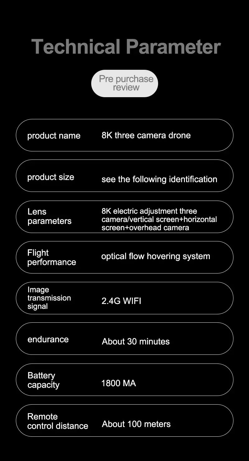 Shophouse Northwest M4 8K professional camera drone parameters sheet showing 8K three camera specs and 30 minute endurance