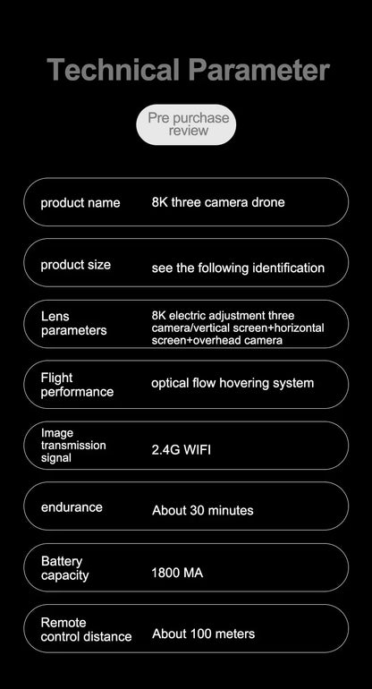 Shophouse Northwest M4 8K professional camera drone parameters sheet showing 8K three camera specs and 30 minute endurance