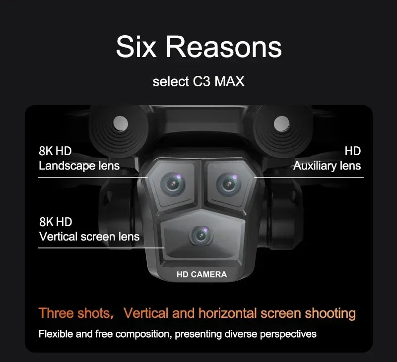 Shophouse Northwest drone triple lens camera module showing 8K landscape and vertical lenses M4 8K professional camera drone