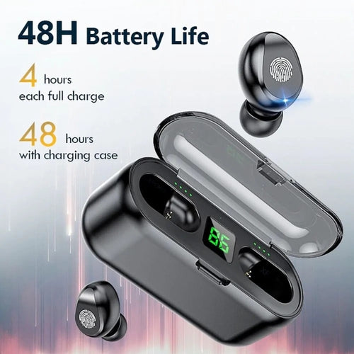 Smart touch Bluetooth earbuds with 48-hour battery life and digital display for easy charging