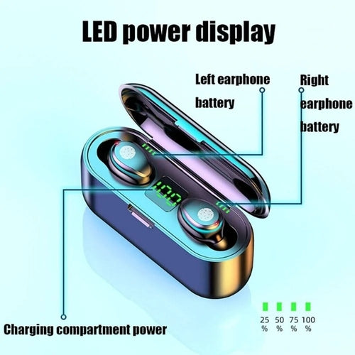 Smart touch Bluetooth earbuds with LED power display showing battery levels in a charging case