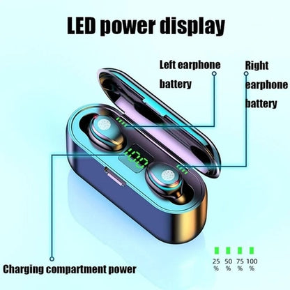 Smart touch Bluetooth earbuds with LED power display showing battery levels in a charging case
