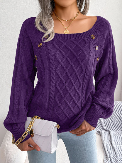 Purple square neck button sweater with cable knit design and stylish buttons for a chic look