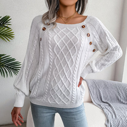 Cozy white square neck button sweater featuring cable knit design and stylish buttons