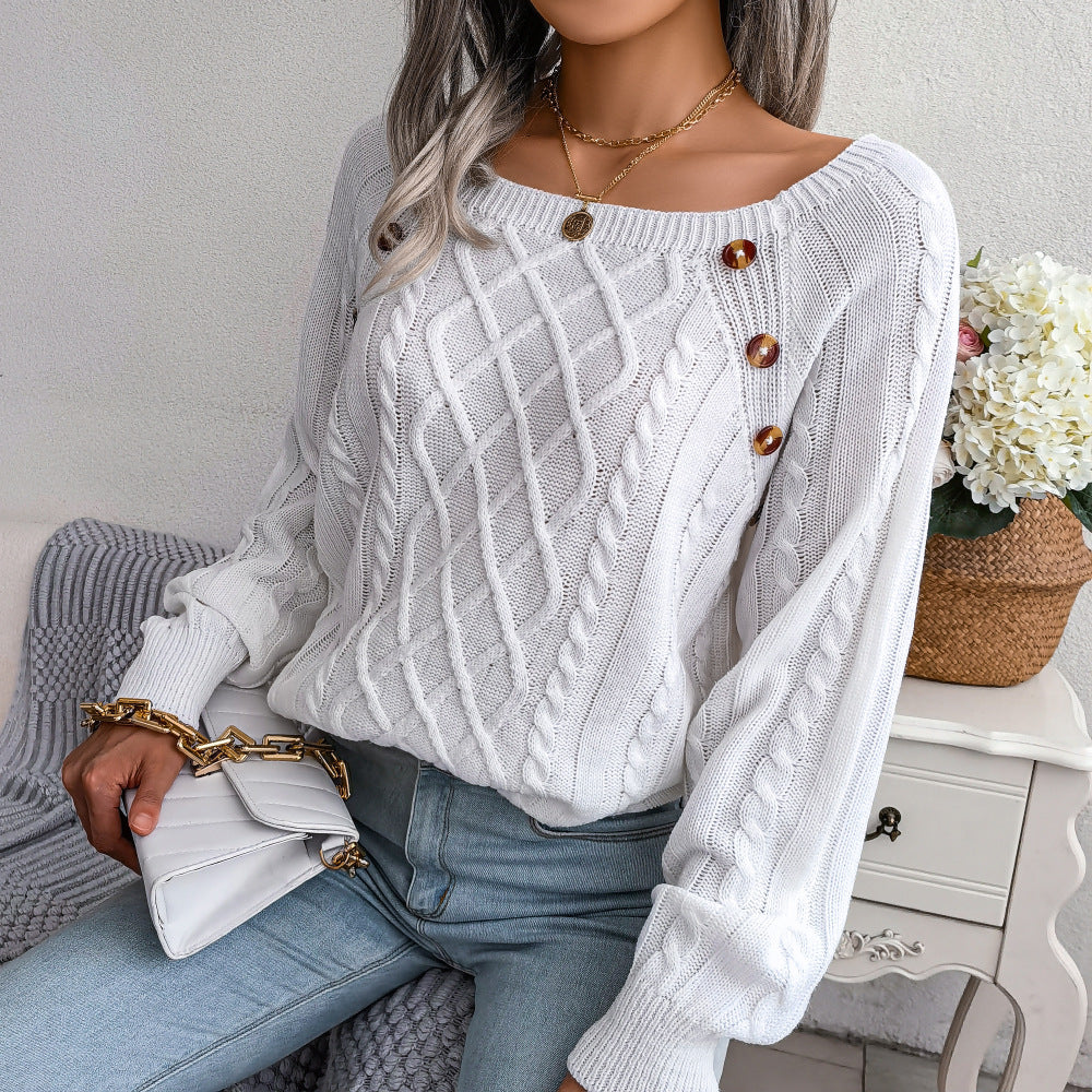 Stylish square neck button sweater in white with cable knit design and comfortable fit