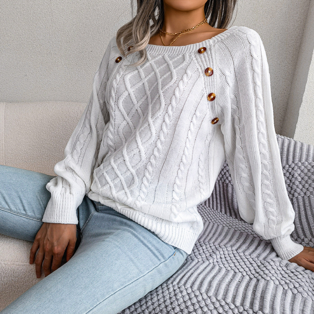 White square neck button sweater featuring a cable knit design and wooden buttons for a stylish look