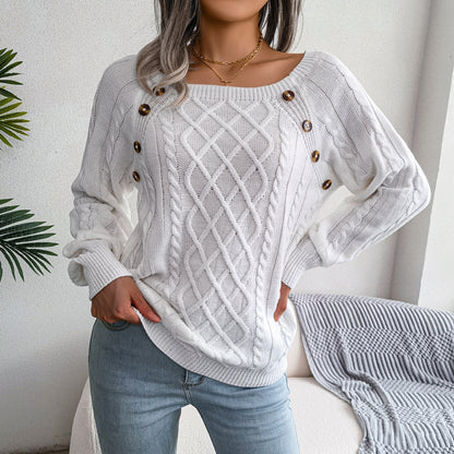 White square neck button sweater with cable knit detailing and button accents, perfect for casual outfits