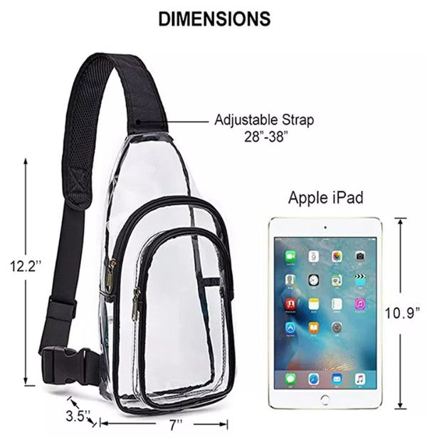 Shophouse Northwest clear stadium sling bag with black trim adjustable strap two zip pockets dimensions shown with iPad
