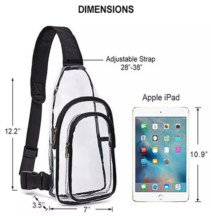 Shophouse Northwest clear stadium sling bag with black trim adjustable strap two zip pockets dimensions shown with iPad