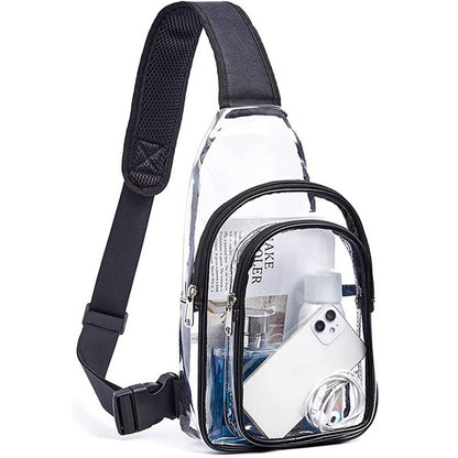 Shophouse Northwest clear stadium sling bag with black trim and front zip pocket holding phone and earbuds