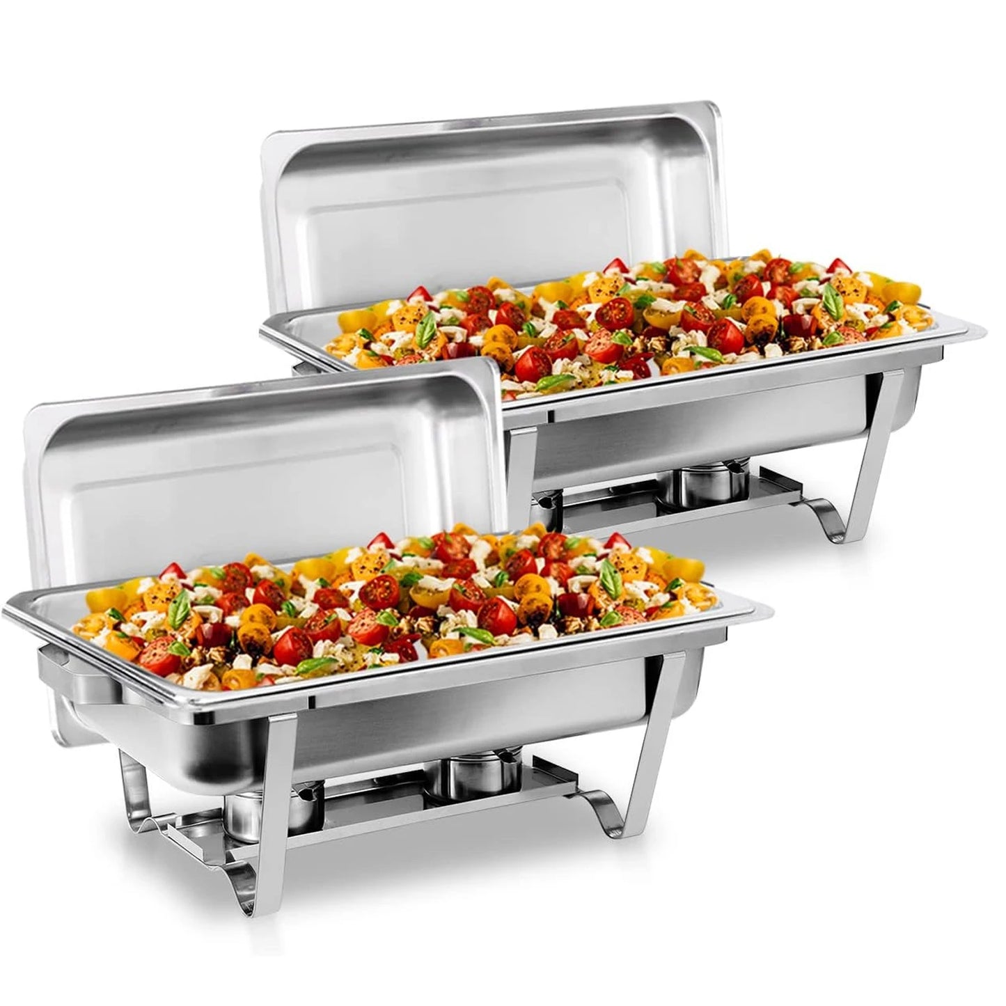 Stainless steel chafing dish buffet set with two pans filled with colorful salad and vegetables
