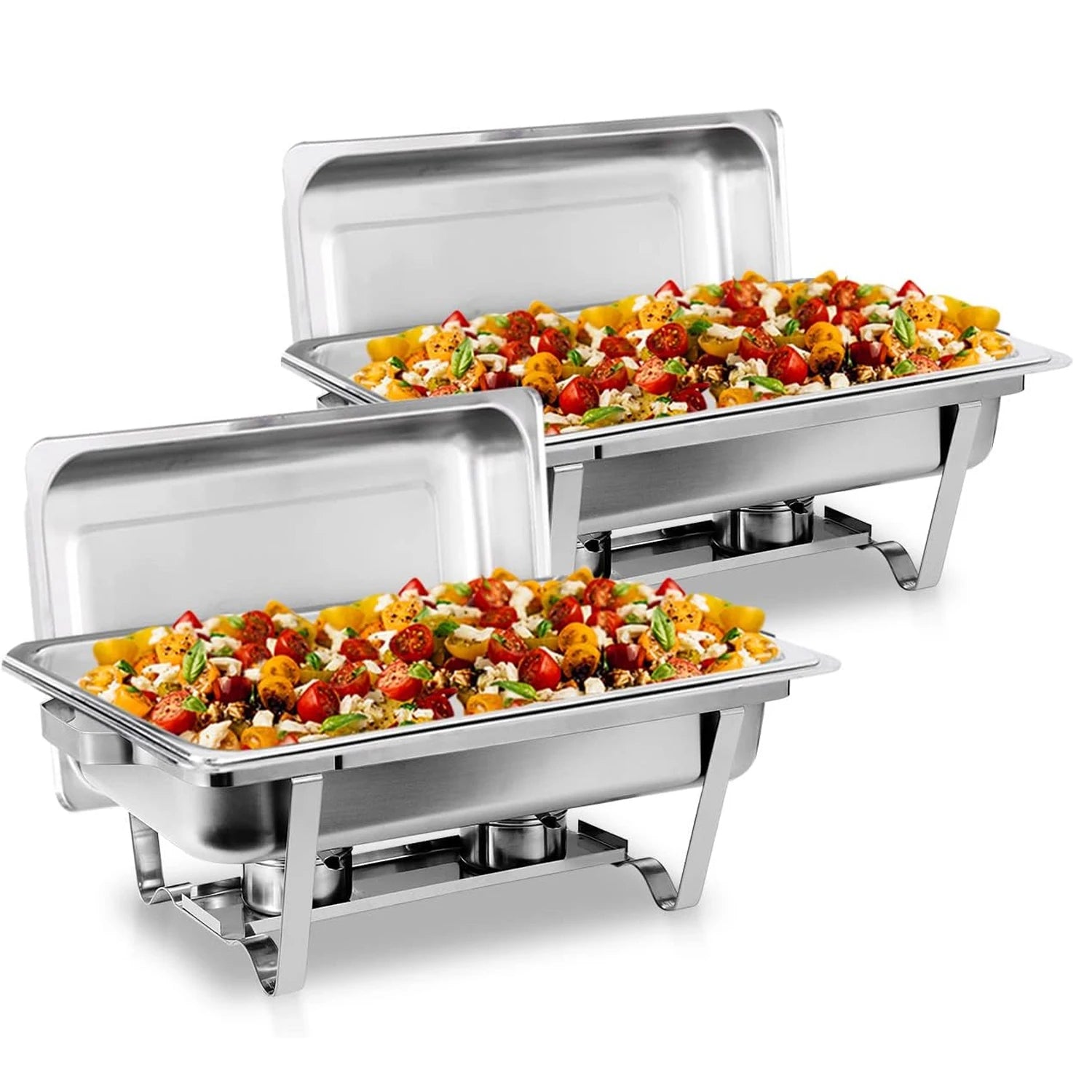 Stainless steel chafing dish buffet set with two pans filled with colorful salad and vegetables