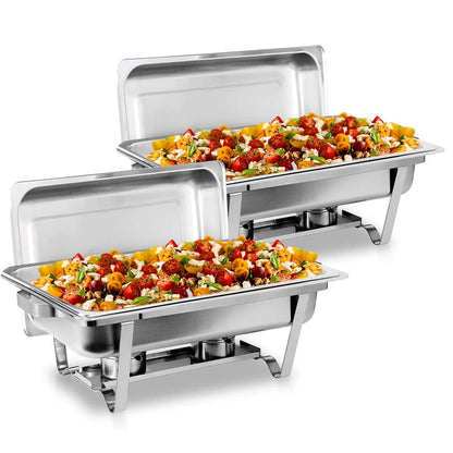Stainless steel chafing dish buffet set with two pans filled with colorful salad and vegetables