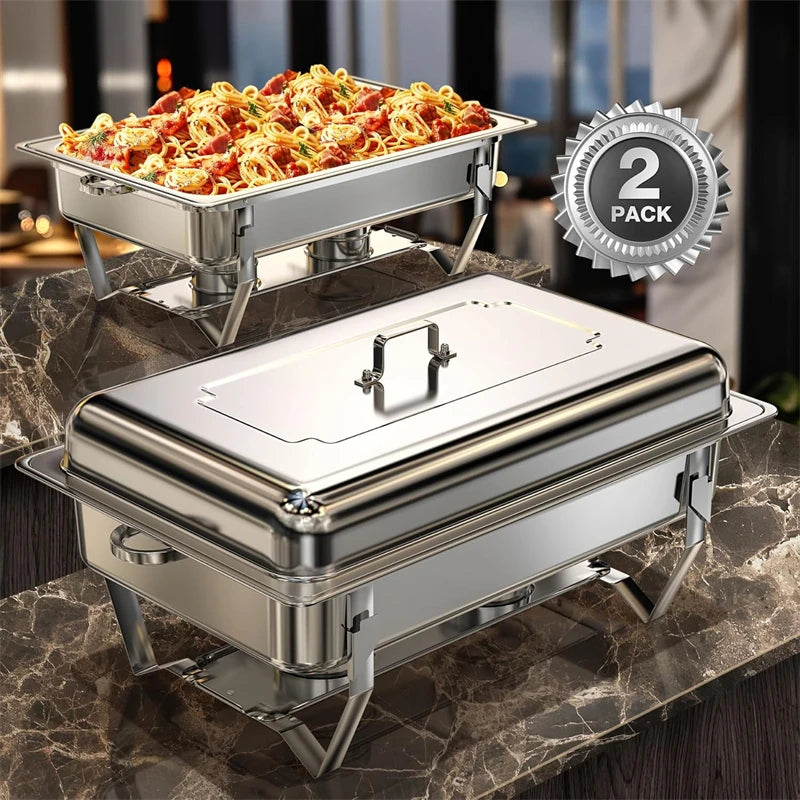 Stainless steel chafing dish buffet set with lid and two compartments for serving food at events
