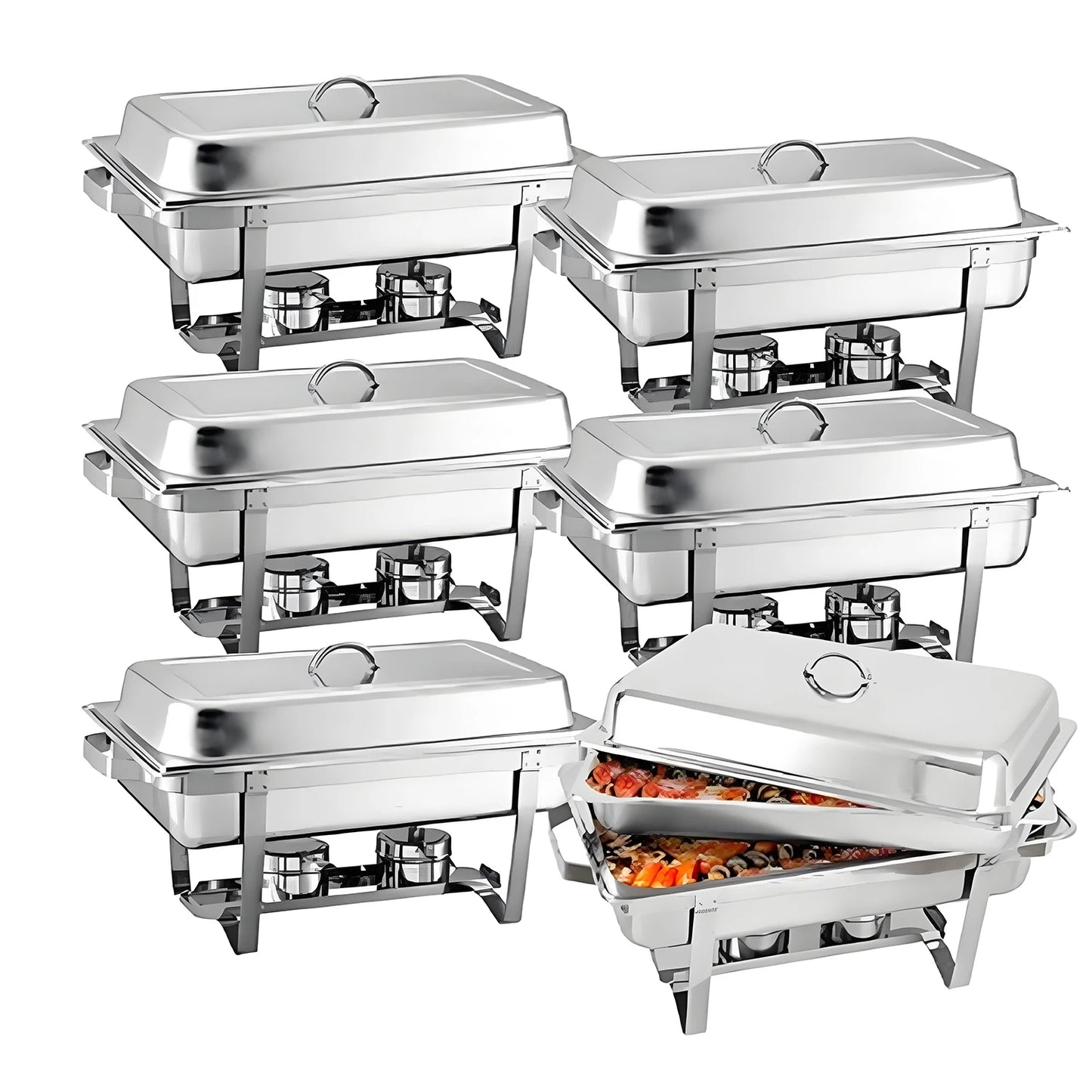 Stainless steel chafing dish buffet set with six full-size dishes and elegant lids for catering events