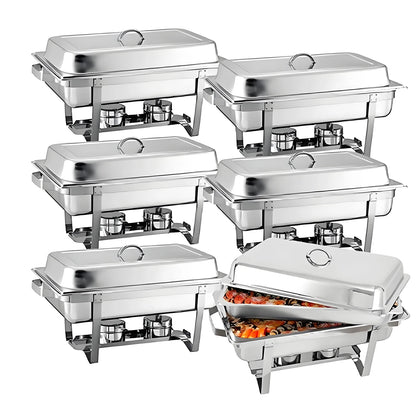 Stainless steel chafing dish buffet set with six full-size dishes and elegant lids for catering events