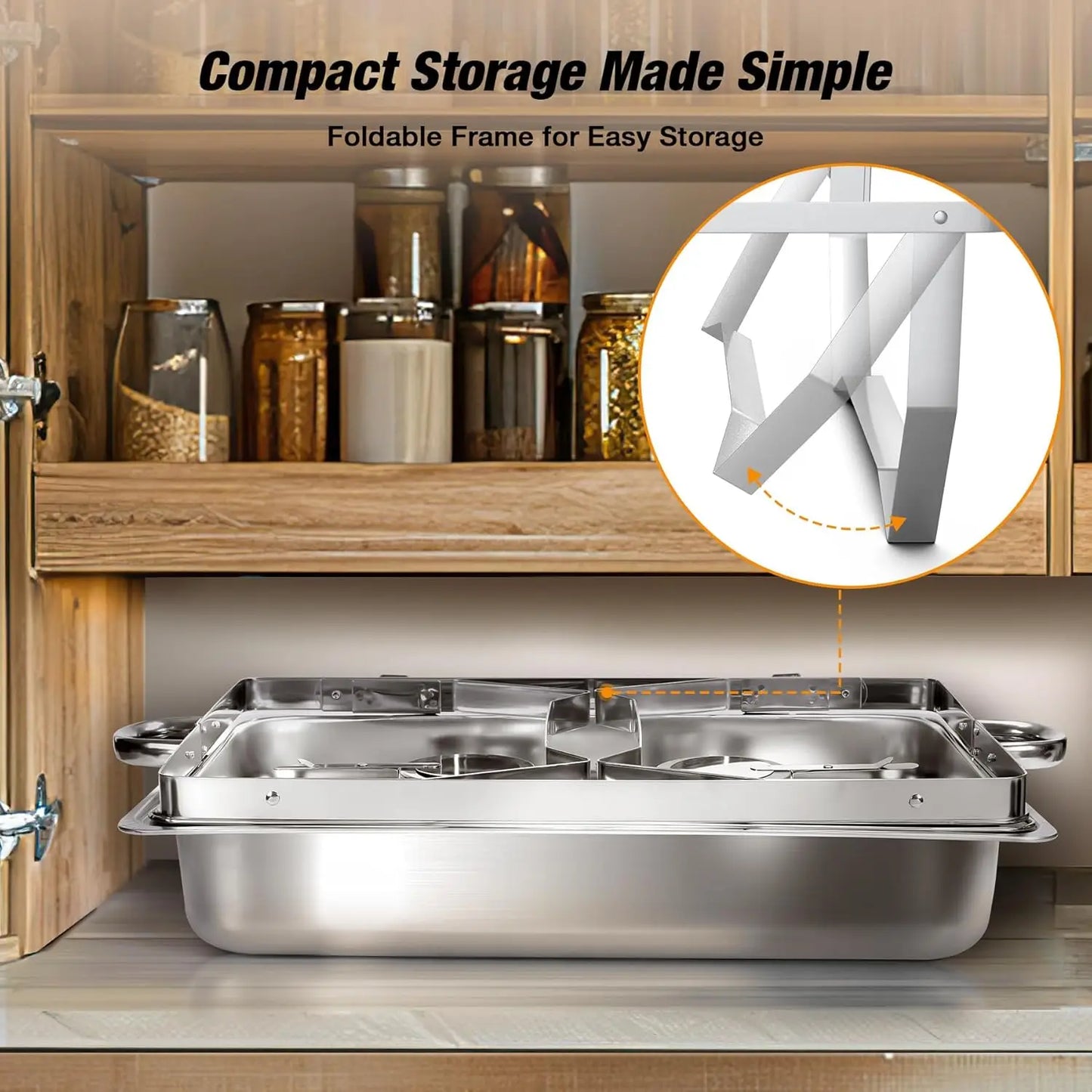 Stainless steel chafing dish buffet set with foldable frame for easy storage and organization