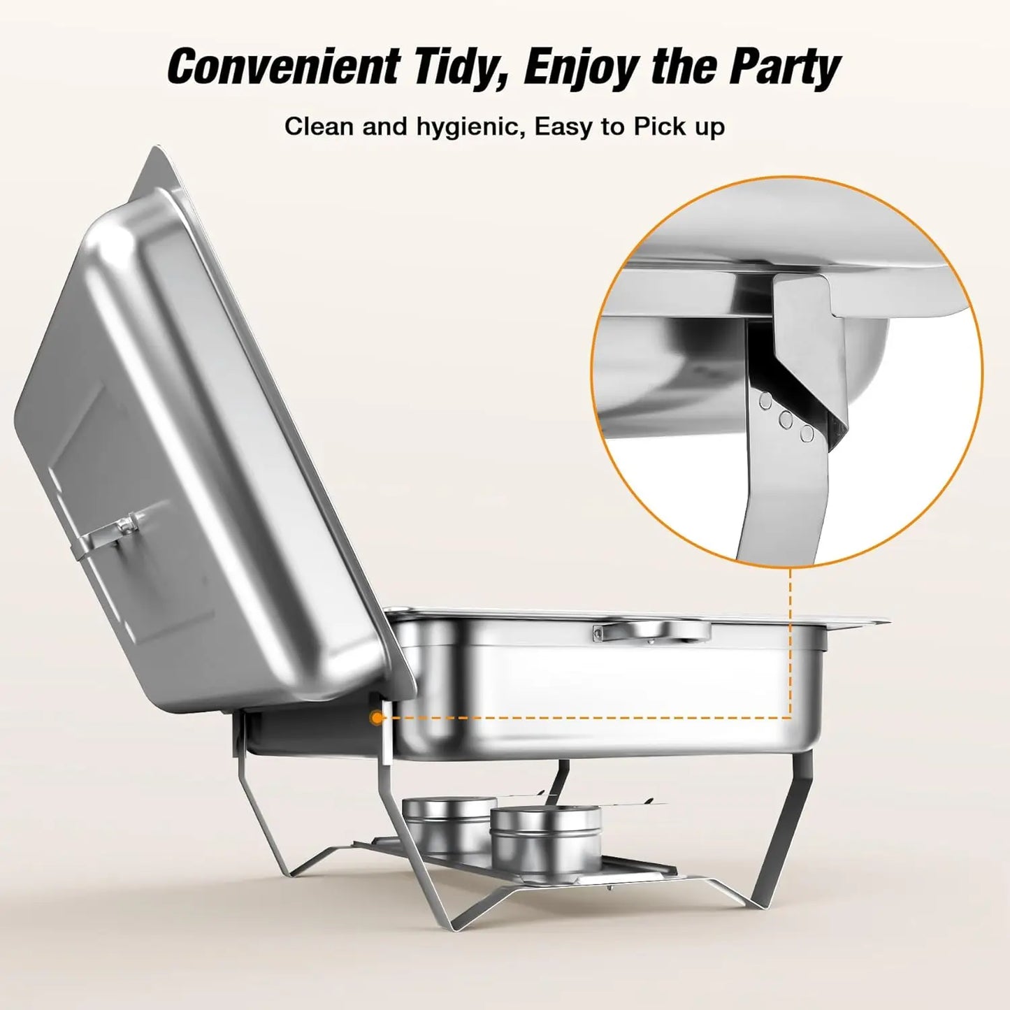 Stainless steel chafing dish buffet set with easy pick up handles for clean and hygienic serving.