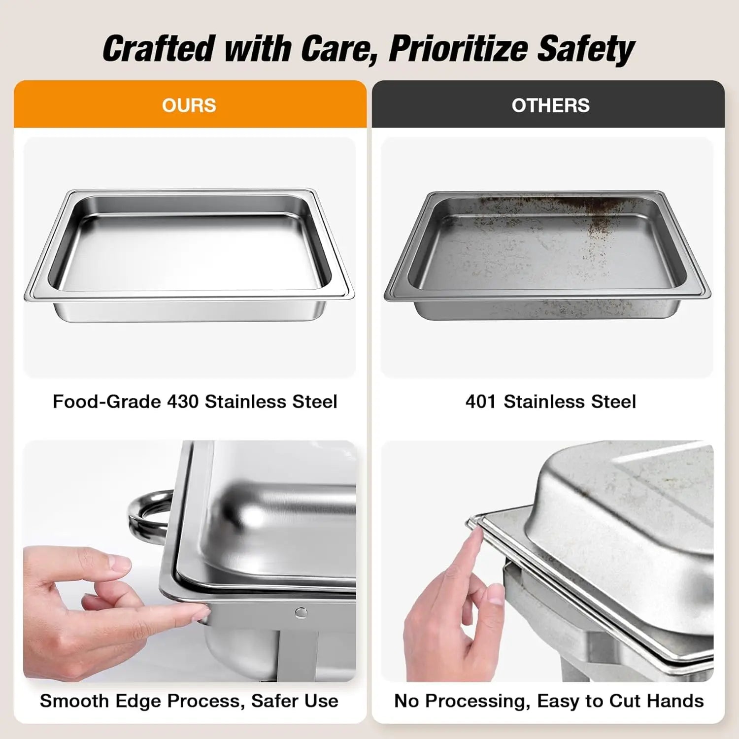 Comparison of stainless steel chafing dish buffet set showcasing safe edges and food-grade material