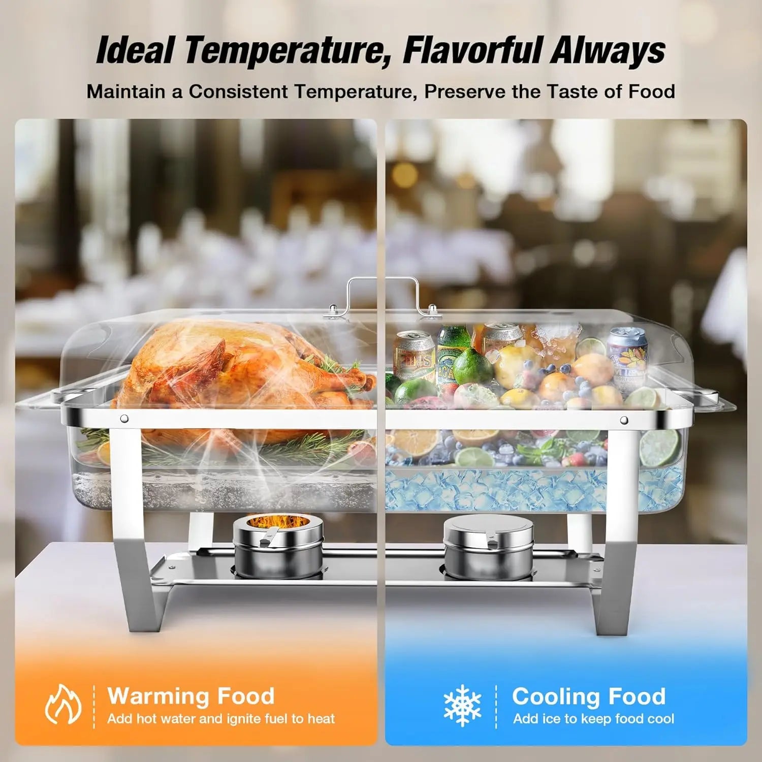 Stainless steel chafing dish buffet set featuring warming and cooling compartments for perfect food presentation