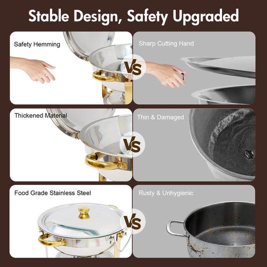 Comparison image showing stainless steel chafing dish set features like safety hemming and food grade material