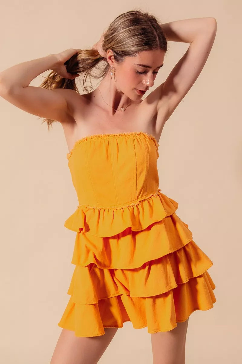Trendsi strapless ruffle game day dress in bright yellow with tiered layers for a fun summer look