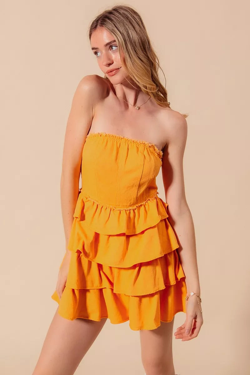 Trendsi strapless ruffle game day dress in vibrant orange with layered ruffle detailing