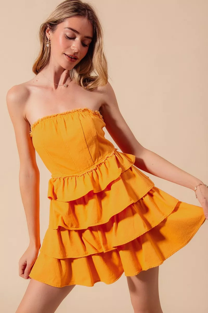 Trendsi strapless ruffle game day dress in bright yellow with layered design for a stylish summer look