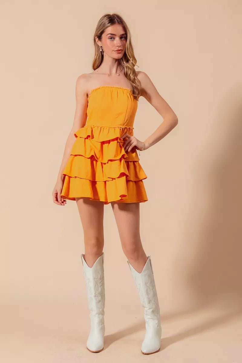 Trendsi Strapless Ruffle Game Day Dress in Bright Yellow with Flowy Tiered Design