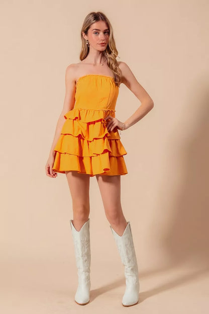 Trendsi Strapless Ruffle Game Day Dress in Bright Yellow with Flowy Tiered Design