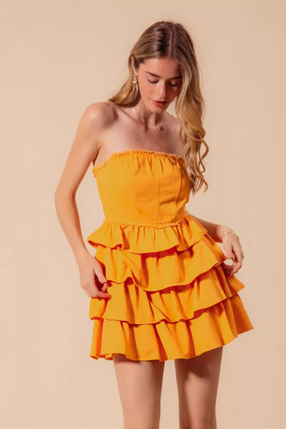 Trendsi strapless ruffle game day dress in vibrant orange with tiered skirt design