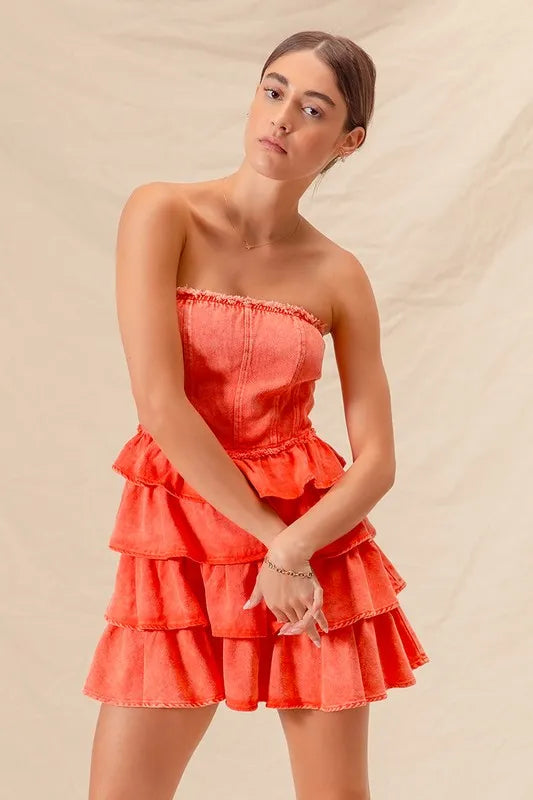 Trendsi strapless ruffle layered dress in vibrant orange with a fitted bodice and tiered skirt
