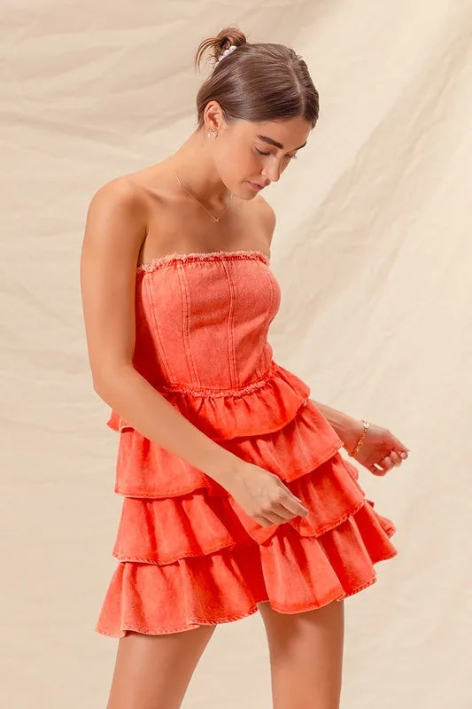 Trendsi strapless ruffle layered dress in bright orange with tiered ruffle design for a summer look