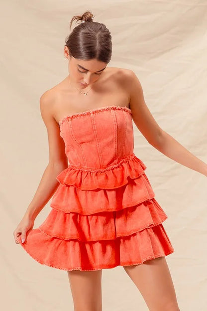 Trendsi strapless ruffle layered dress in vibrant orange with tiered design for a stylish summer look