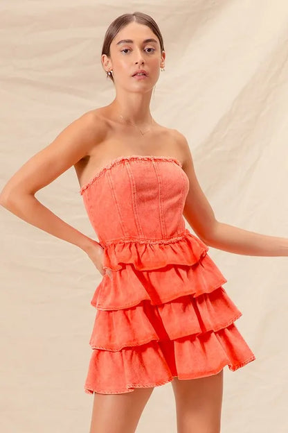 Trendsi strapless ruffle layered dress in vibrant orange with tiered ruffles for a stylish summer look